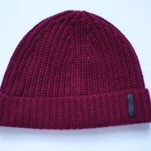 Burberry Pure Cashmere Burgundy Rib Cuffed Beanie Hat